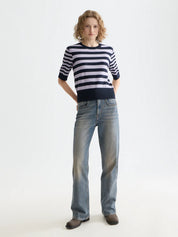 Short sleeved pullover top-Sky captain/lavender stripe - Presence Hamilton
