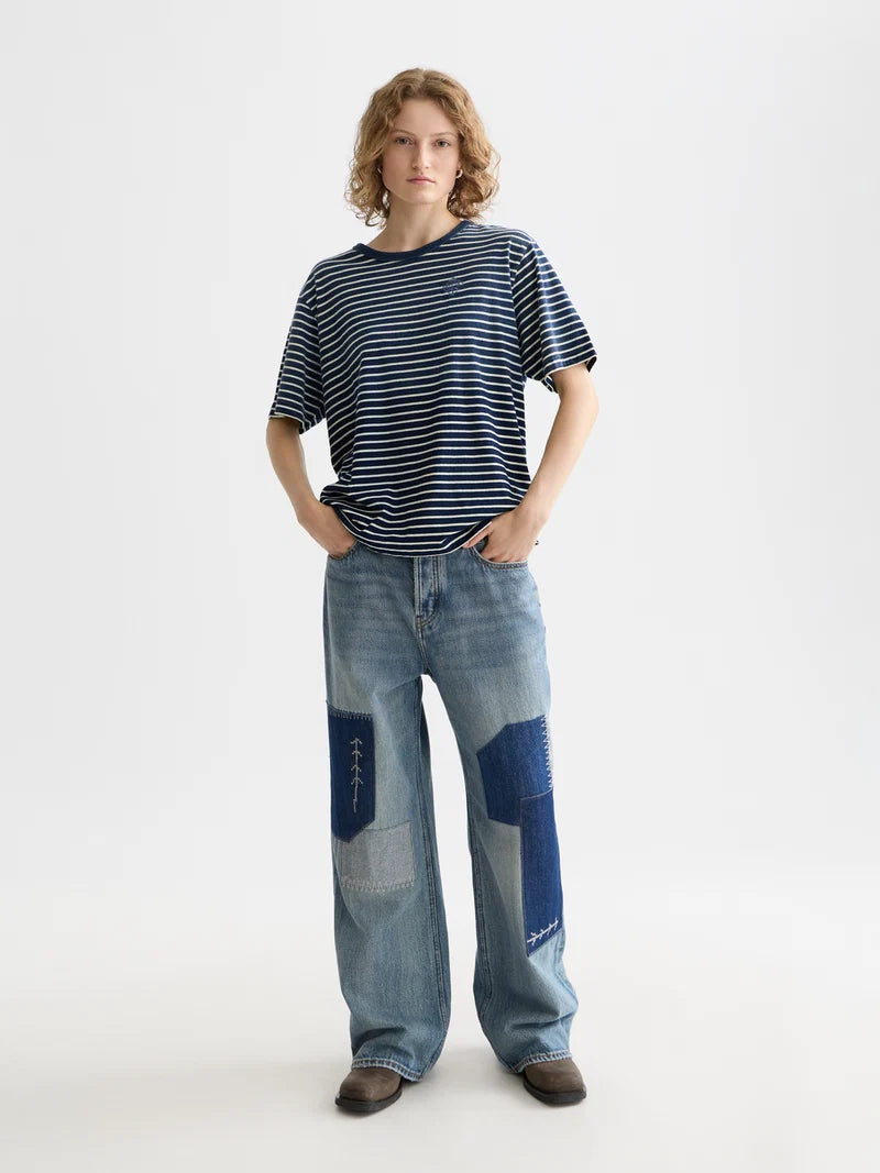 Indigo washed t-shirt -Sand Stripe
