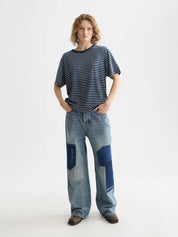 Indigo washed t-shirt -Sand Stripe