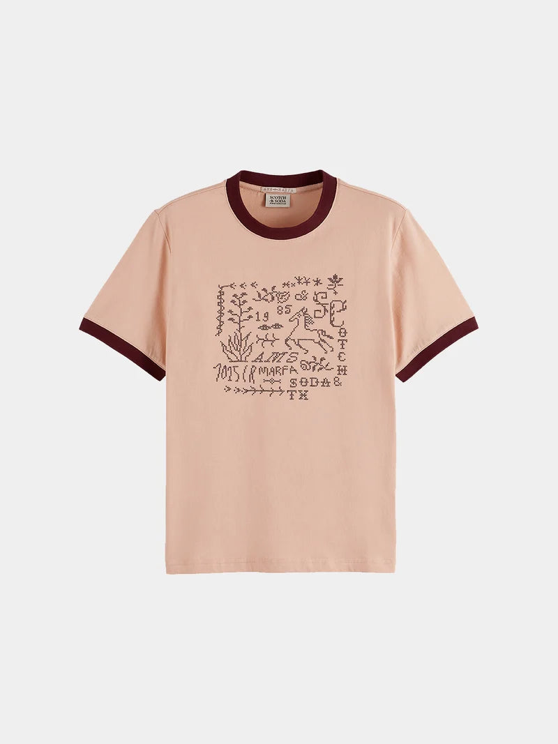 Embroidered ringer t-shirt-Rose Dust
