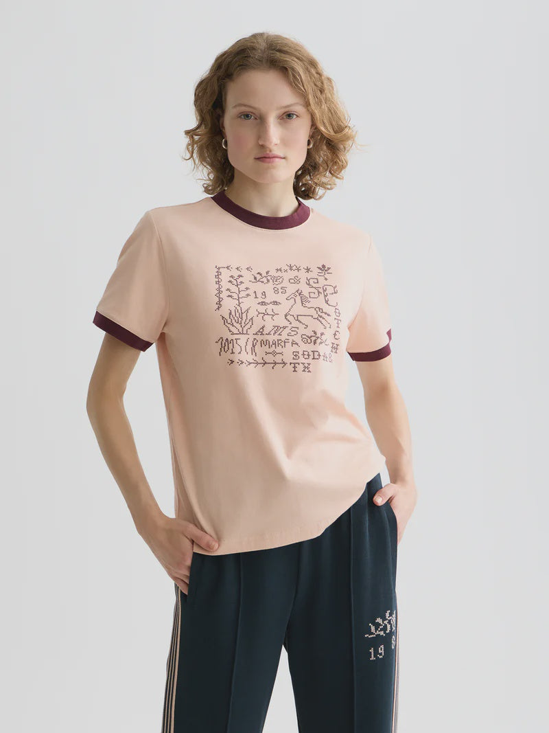 Embroidered ringer t-shirt-Rose Dust