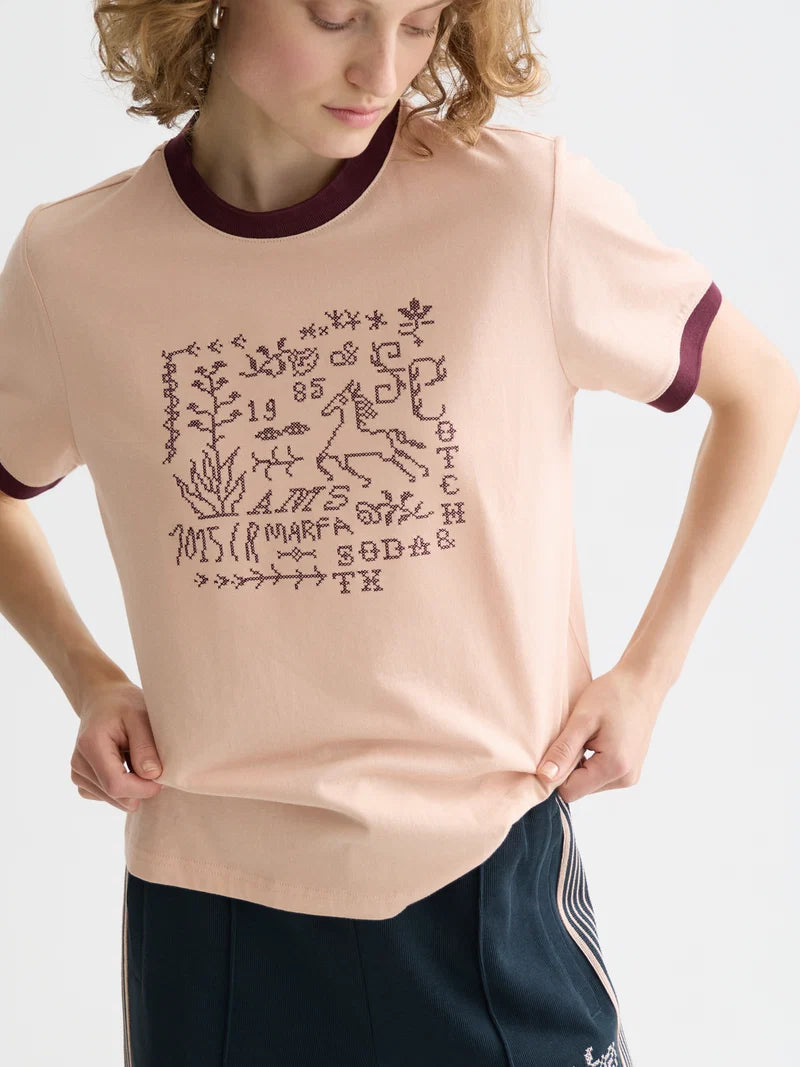 Embroidered ringer t-shirt-Rose Dust - Presence Hamilton