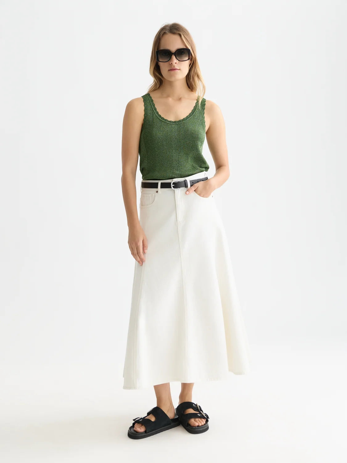 Metallic Ribbed Knitted Tank-Garden Green