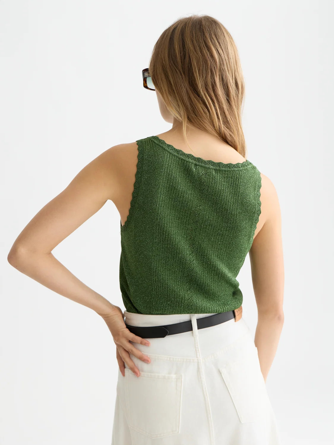 Metallic Ribbed Knitted Tank-Garden Green