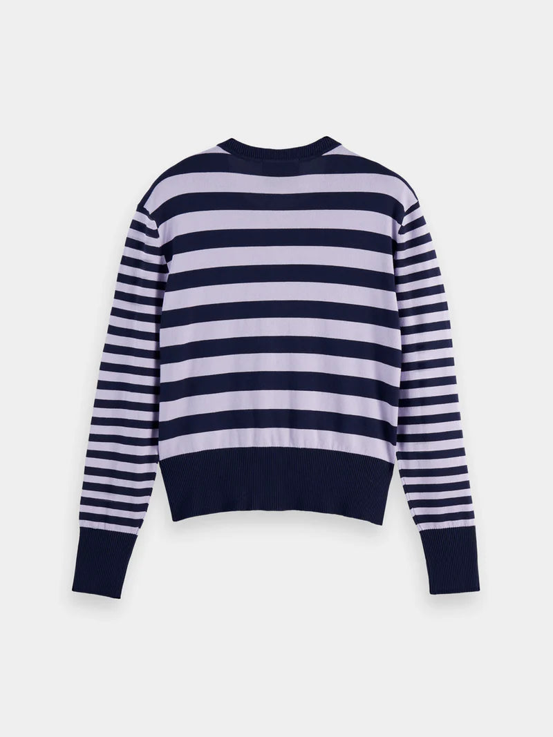 Crewneck cardigan -Sky captain/lavender stripe - Presence Hamilton
