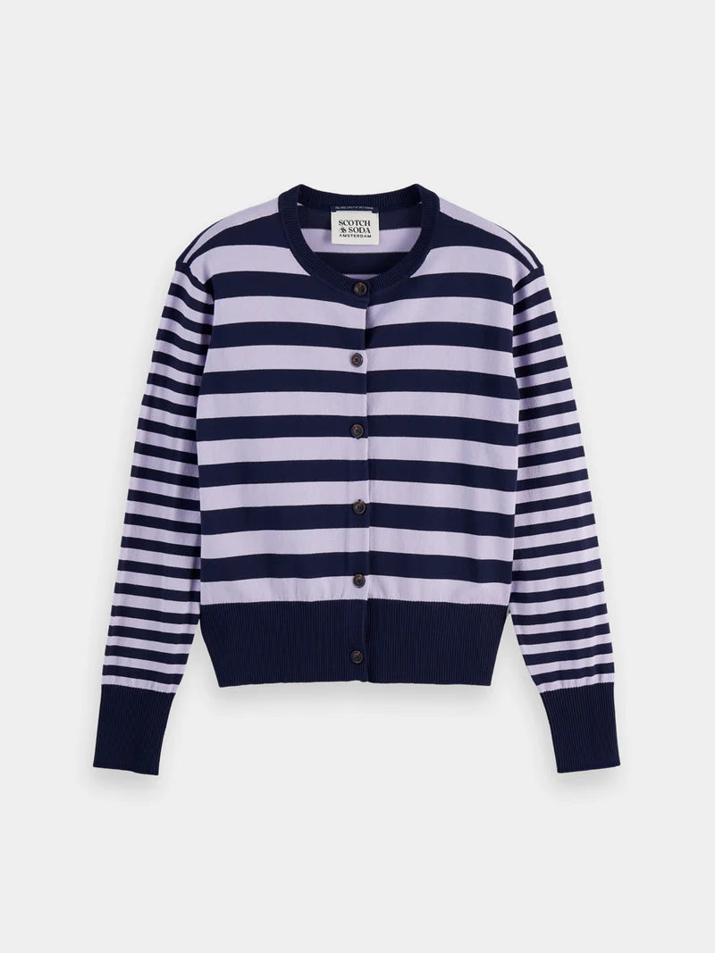 Crewneck cardigan -Sky captain/lavender stripe - Presence Hamilton