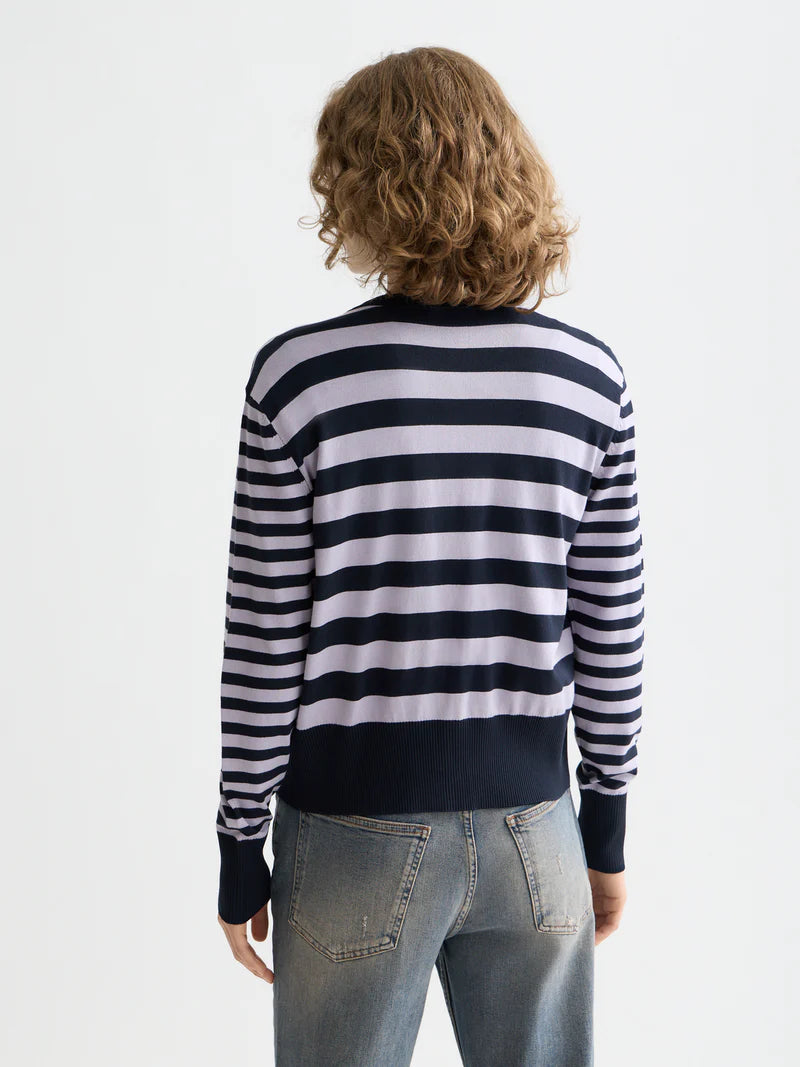 Crewneck cardigan -Sky captain/lavender stripe - Presence Hamilton