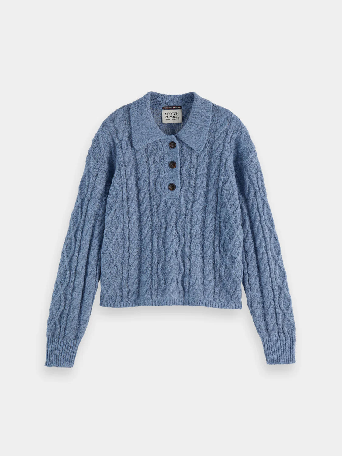 Cable Polo Neck Pullover-  Faded Denim - Presence Hamilton