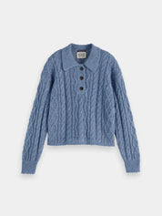 Cable Polo Neck Pullover-  Faded Denim - Presence Hamilton