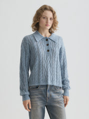 Cable Polo Neck Pullover-  Faded Denim - Presence Hamilton