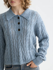 Cable Polo Neck Pullover-  Faded Denim - Presence Hamilton