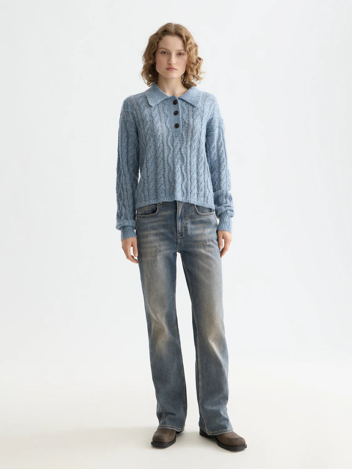 Cable Polo Neck Pullover-  Faded Denim - Presence Hamilton