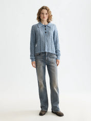 Cable Polo Neck Pullover-  Faded Denim - Presence Hamilton