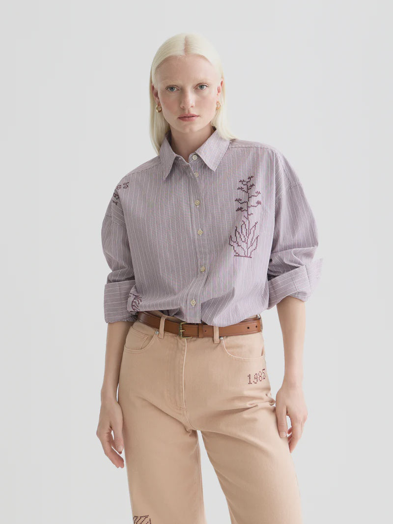 Embroidered girlfriend shirt- Fig Stripe - Presence Hamilton