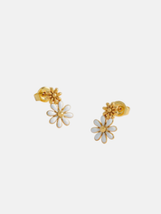 White Enamel Double Flower Studs - Gold