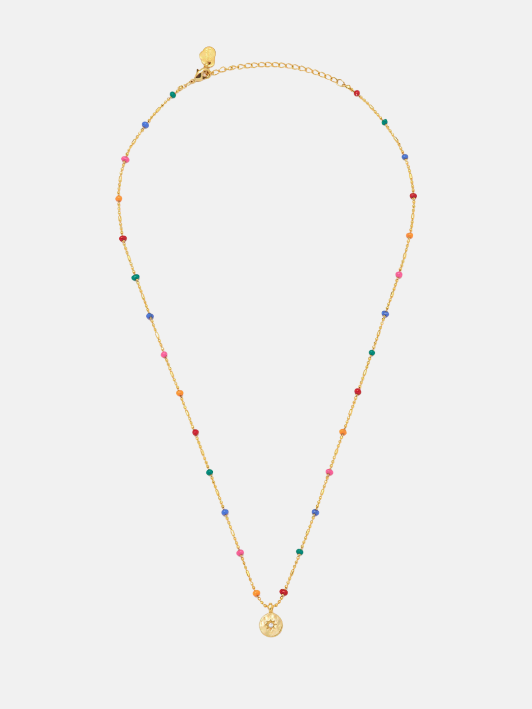 CZ Pendant Rainbow Beaded Necklace- Gold Plated