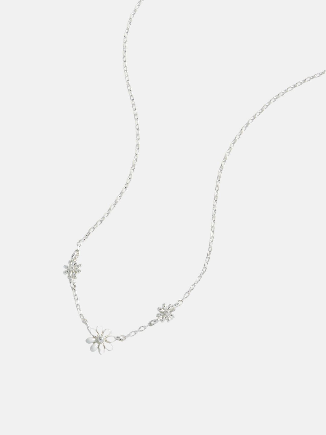 Triple Flower White Enamel Necklace- Silver Plated