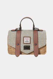 The Mini Straw Satchel- Blue Cream Herringbone