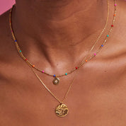 CZ Pendant Rainbow Beaded Necklace- Gold Plated