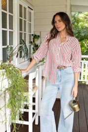 Hut Linen Shirt- Rhubarb Stripe