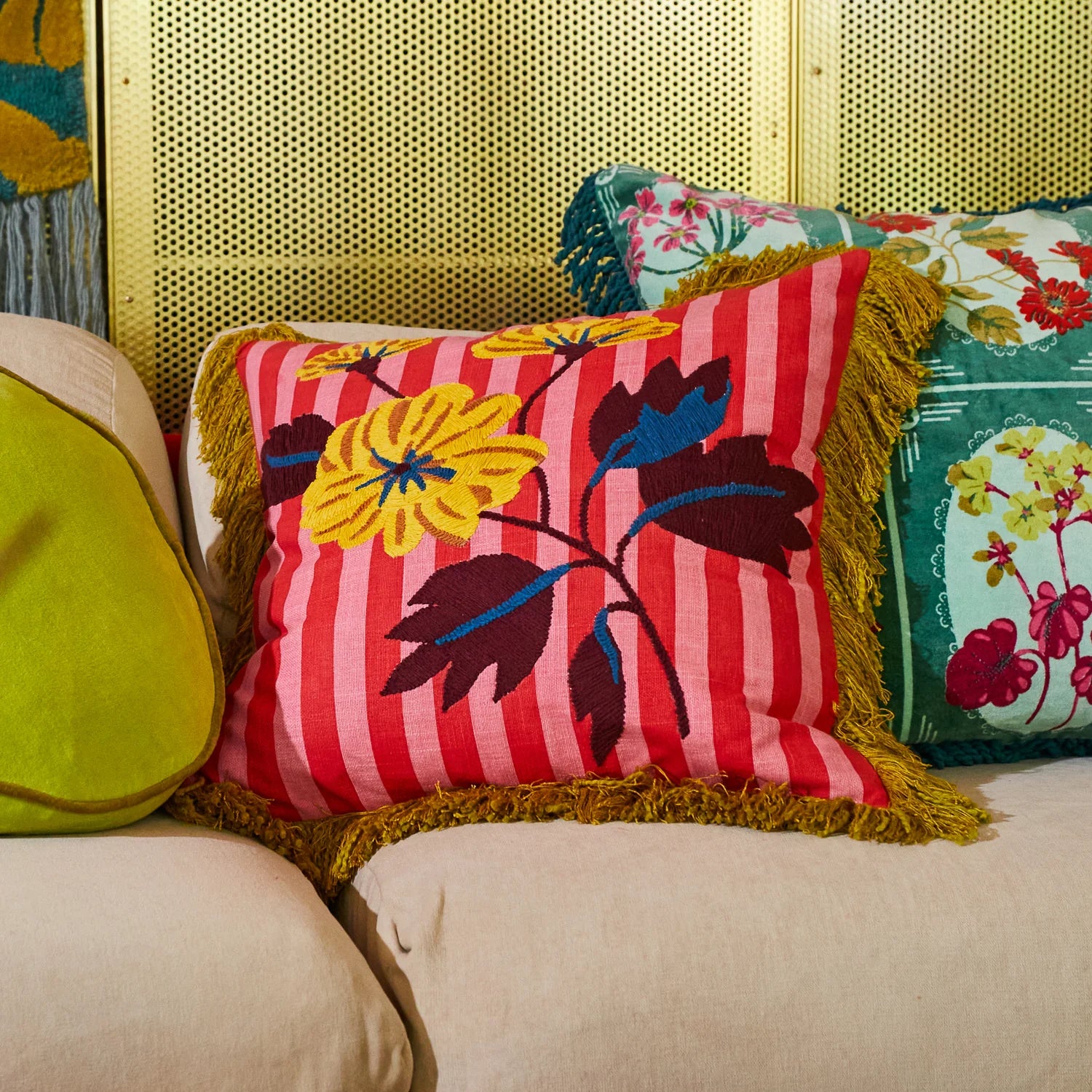 Annette Embroidered Cushion- Cosmo Pink
