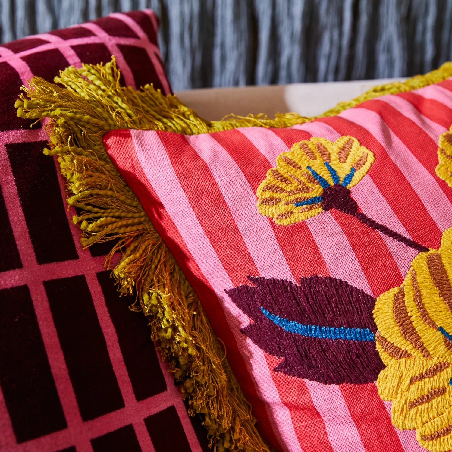 Annette Embroidered Cushion- Cosmo Pink