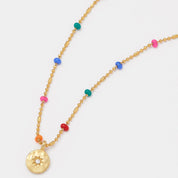 CZ Pendant Rainbow Beaded Necklace- Gold Plated